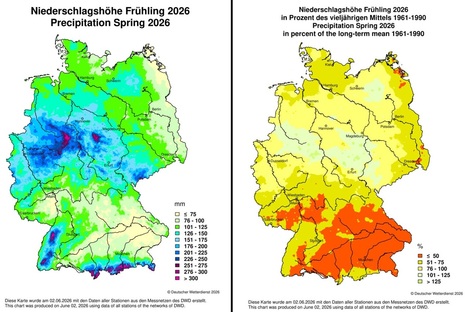 Niederschlagshöhe in Deutschland im Frühling 2026, links: Messwerte, rechts: Anteil am langjährigen Mittelwert