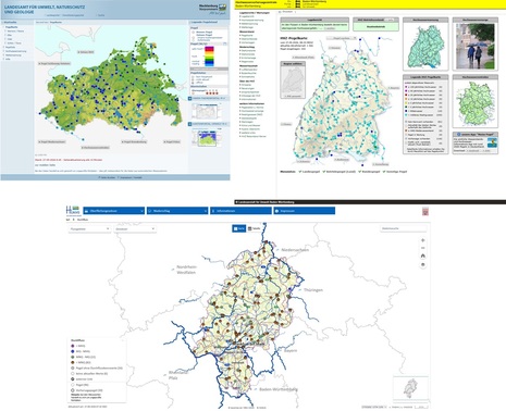 Screenshots öffentlicher Webseiten mit Flusspegeln, oben links: Mecklenburg-Vorpommern, oben rechts: Baden-Württemberg, unten mittig: Hessen