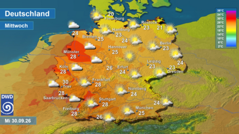 Wettervorhersage sowie Vorhersage der Tageshöchsttemperaturen in Deutschland am morgigen Mittwoch, den 30.09.2026