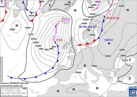 Prognosekarte Bodendruck und Lage der Fronten mit Namen der steuernden Hoch- und Tiefdruckgebiete für den heutigen Dienstag, den 29.09.2026 12 UTC