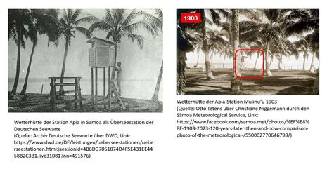 Wetterhütte der Überseestation Apia, Quellen: Archiv Deutsche Seewarte über Deutscher Wetterdienst, Otto Tetens 1903 via Christiane Niggemann durch den Sāmoa Meteorological Service