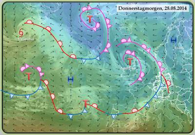 Noch-Hurrikan Cristobal (in der Karte links oben) könnte den Wendepunkt hin zu freundlichen und sonnigen Septemberwetter Mitte kommender Woche ebnen.