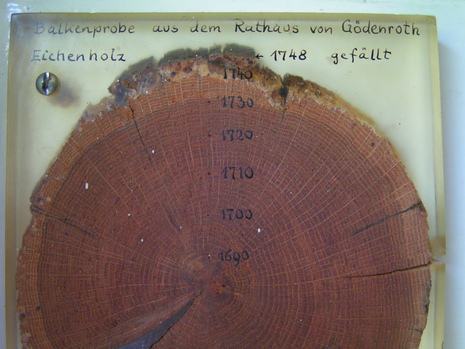 Dendrochronologische Balkenprobe aus dem Rathaus von Gödenroth (Eichenholz) auf dem Roscheider Hof bei Konz