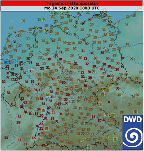 Auszug Tageshöchsttemperaturn vom Montag (nicht vollständig)