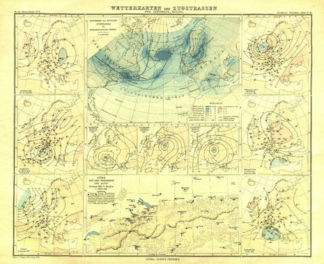 Beispiele von Großwetterlagen (Lage der Aktionszentren) nach Hann Atlas der Meteorologie 1887