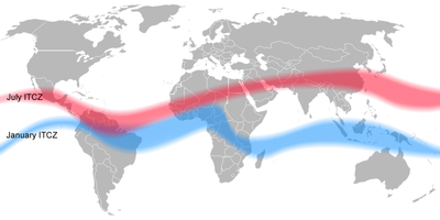 Die Lage der innertropischen Konvergenzzone im Juli (rot) und im Januar (blau)