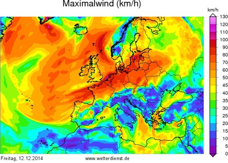 Windspitzen am Freitag nach GFS-Modell