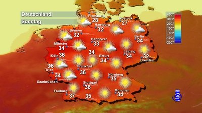 Die zu erwartenden Höchsttemperaturen am kommenden Sonntag, dem voraussichtlich heißesten Tag des Jahres. 