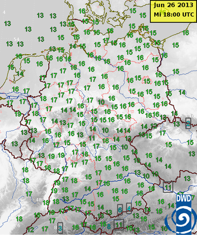 In der Grafik sind die Höchsttemperaturen für den kommenden Mittwoch dargestellt 