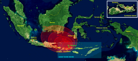 Geschätzte Ascheniederschläge während des Ausbruchs 1815. Die roten Bereiche zeigen die Dicke der Niederschläge an, der äußerste Bereich entspricht dabei einem Zentimeter Vulkanasche.