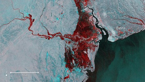  Die Satellitenaufnahme vom 19. März zeigt das Ausmaß der Überschwemmungen, rot dargestellt, um die Hafenstadt Beira herum.