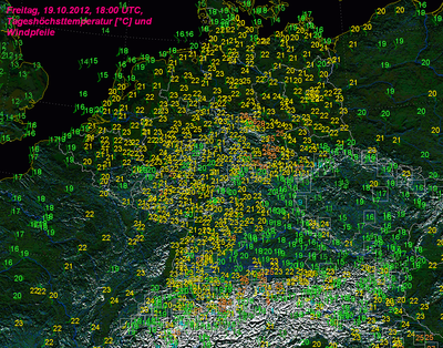  Karte der Tageshöchsttemperaturen vom Freitag, 19.10.2012, 8:00 UTC