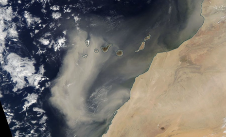 Auf dem Satellitenbild zu erkennen: Eine ausgedehnte Sandwolke zieht über die Kanarischen Inseln hinweg. (Quelle https://worldview.earthdata.nasa.gov/)