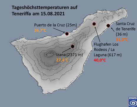 Karte von Teneriffa mit Temperaturen an ausgewählten Orten
