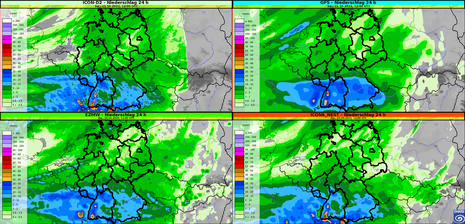 24-stündige Niederschlagsmenge auf Basis von vier verschiedenen Modellberechnungen