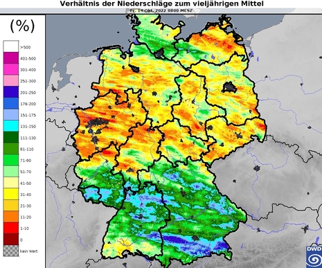 Verhältnis der Niederschläge im bisherigen Oktober zum vieljährigen Mittel