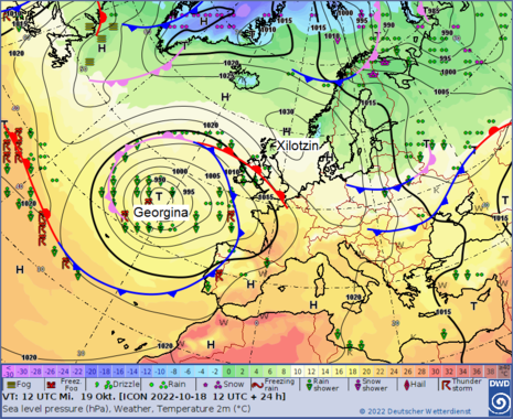 Isobarenkarte für Europa und den Atlantik mit Fronten und signifikantem Wetter für Mittwoch, 19.10.2022 (Quelle DWD)