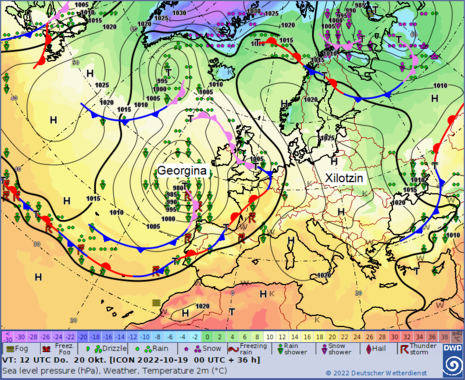 Isobarenkarte für Europa und den Atlantik mit Fronten und signifikantem Wetter für Donnerstag, 20.10.2022 (Quelle DWD)