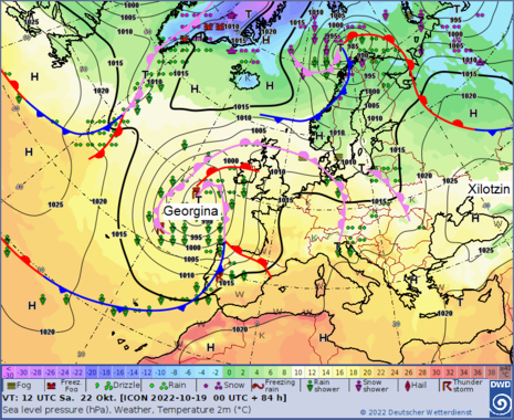 Isobarenkarte für Europa und den Atlantik mit Fronten und signifikantem Wetter für Samstag, 22.10.2022 (Quelle DWD)
