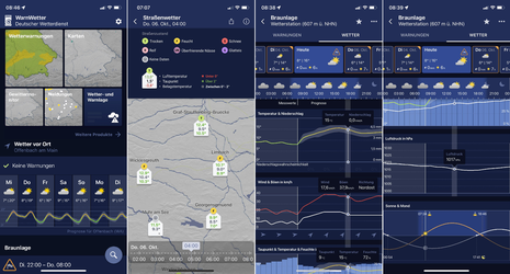 Screenshots der WarnWetter-App 4.0 mit neuen Features wie Standortwetter, Straßenwetter, Astronomische Daten.