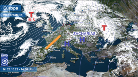 Kartenausschnitt Europa: Isobarenkarte mit Hoch- und Tiefdruckbezeichnungen sowie Satellitenbild vom 26.10.2022 14 Uhr (Quelle DWD)