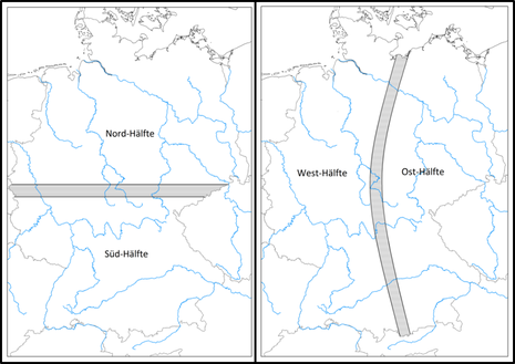 Geografische Aufteilung Deutschlands in Nord- und Südhälfte sowie in West- und Osthälfte
