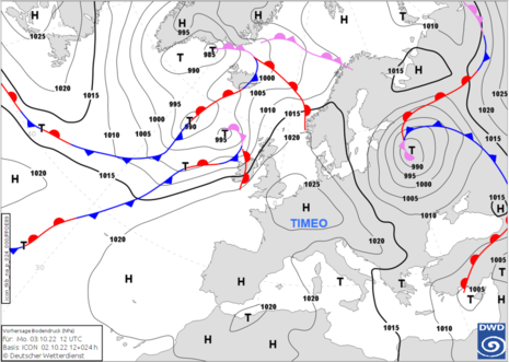 Vorhersage Bodendruck und Fronten für Montag, 03.10.2022, 12 UTC