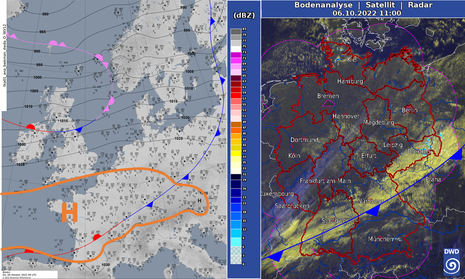 Bodenanalyse, Satelliten- und Radarbild vom 06.10.2022, 11 Uhr. (Quelle Deutscher Wetterdienst, Vorhersage- und Beratungszentrale)