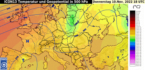 Entwicklung des Geopotentials und der Temperatur in 500 hPa (ICON13 Modell) vom 10.11.2022 18 UTC bis 14.11.2022 12 UTC.
