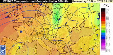 Entwicklung des Geopotentials und der Temperatur in 500 hPa (EZMW Modell) vom 10.11.2022 18 UTC bis 14.11.2022 12 UTC.