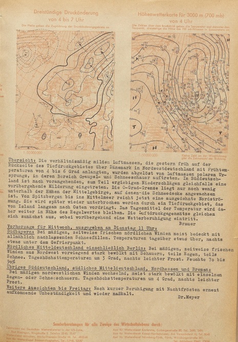 Übersicht vom 11. November 1952 und Vorhersage für den 12. November 1952 vom Deutschen Wetterdienst (Quelle Deutscher Wetterdienst)