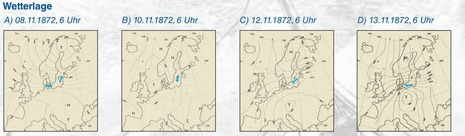 Entwicklung der Wetterlage vom 08.11. bis 13.11.1872 mit Winddrehung von West auf Ost bei gleichzeitiger Windzunahme (Quelle https://www.bsh.de/DE/DATEN/Vorhersagen/Wasserstand_Ostsee/_Anlagen/Downloads/Sturmflut_1872.html)