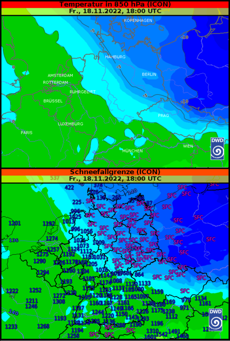 oben: Temperatur in 850 Hektopascal; wobei blau Temperatur unter null Grad bedeutet unten: Schneefallgrenze aus dem DWD-Modell ICON für Freitag, 18.11.2022 18 UTC (19 MEZ); wobei SFC für Englisch surface = Boden steht (Quelle DWD-NinJo)