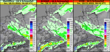 Vorhersage der Schneefallmenge in 24 Stunden von Freitagfrüh bis Samstagfrüh: links Modell von MetOffice, mittig Modell vom ECMWF, rechts Modell vom DWD (Quelle DWD - NinJo)