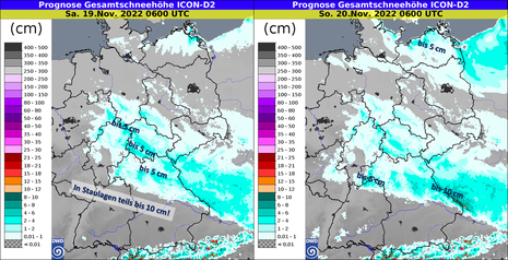 Prognostizierte Schneehöhen laut ICON-D2-Modell für den 19.11.22 und 20.11.22, 7 Uhr MEZ. (Quelle DWD - NinJo)
