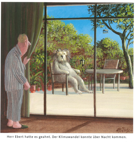 Mann schaut aus Fenster auf Terrasse, wo Löwe sitzt. Titel: 