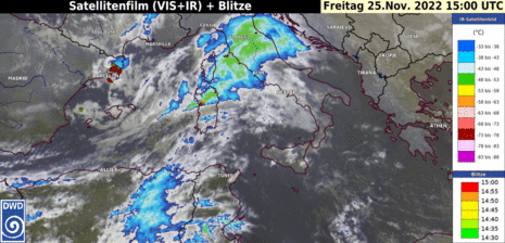 Satellitenfilm (im visuellen und infraroten Bereich) und Blitze im Mittelmeer von Freitag, den 25.11.2022, 15 UTC bis Samstag, den 26.11.2022, 9 UTC