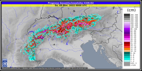 Gesamtschneehöhe bis Samstag den 05.11.2022 00:00 UTC (Quelle Deutscher Wetterdienst)