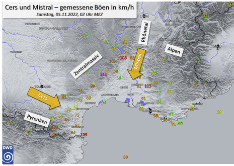 Kartendarstellung der gemessenen Spitzenböen in km/h am 05.11.2022 zwischen 01 und 02 Uhr.