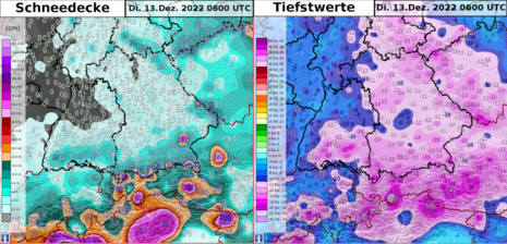 Schneedecke (links) und Tiefstwerte (rechts) vom Dienstag, 13.12.2022 07 Uhr MEZ