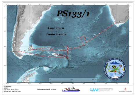 Der Cruise-Track der Expedition PS133-1 zeigt den Fahrtverlauf von FS Polarstern vom 02. Oktober 2022 bis zum 17. November 2022