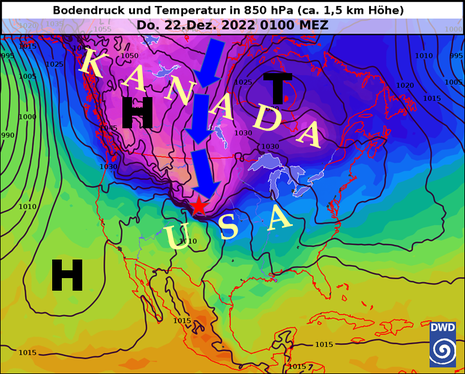 Druckverteilung und Temperatur in 850 hPa über Nordamerika