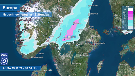 Vorhersage mit bis zu 19 cm Neuschnee in der Nacht zum Montag im Süden Skandinaviens. (Quelle Deutscher Wetterdienst)