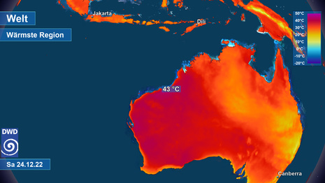 Tageshöchstwerte von bis zu 43 °C im Westen Australiens am Samstag, den 24.12.2022. (Quelle Deutscher Wetterdienst)