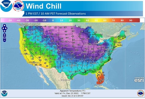 Sehr niedrige Windchill-Temperaturen in den USA am 23.12.2022 (Quelle National Weather Service)