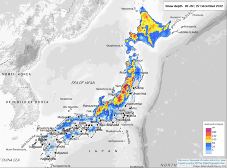 Schneehöhen in Japan am 27.12.2022 (Quelle Japan Meteorological Agency)