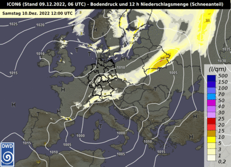 Prognose Bodendruck und Schneeanteil vom 10. bis 12.12.2022, jeweils 12 UTC (Quelle Deutscher Wetterdienst)
