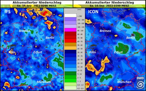 Prognostizierter Niederschlag für Deutschland auf Basis von zwei Modellen