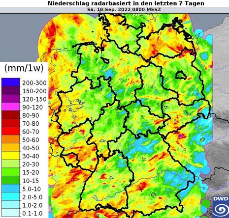 Gemessener Niederschlag in Deutschland zwischen dem 03.09.2022 und dem 10.09.2022