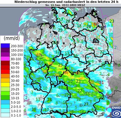 Gemessener Niederschlag in Deutschland in den letzten 24 Stunden